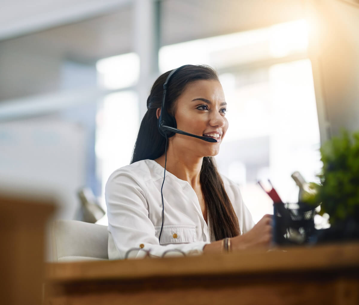 A security support employee talking on a headset